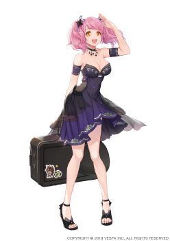1girl :d absurdres arm_up bare_legs black_overskirt black_shoes breasts cecilia_(king&#039;s_raid) character_sticker cleavage cocktail_dress commentary dakaris_(king&#039;s_raid) detached_sleeves dress flower_hairtie formal_clothes full_body high_heels highres holding holding_case holding_instrument instrument jaeyun jewelry king&#039;s_raid knees_together_feet_apart medium_breasts medium_dress medium_hair necklace official_alternate_costume official_art open_mouth orange_eyes overskirt pink_hair purple_dress rehartna_(king&#039;s_raid) see-through_dress_layer shoes short_sleeves short_twintails simple_background smile solo sticker teeth twintails upper_teeth_only white_background
