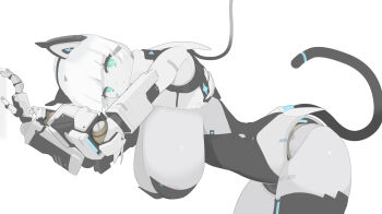 1girl android animal_ears aqua_eyes black_leotard breasts cable cat_ears cat_girl cat_tail commentary_request cowboy_shot from_side grey_hair hanging_breasts highres huge_breasts joints leaning_forward leotard looking_at_viewer mechanical_arms mechanical_ears mechanical_hands mechanical_tail nanatsuki_sousuke neckerchief original robot_girl robot_joints simple_background solo strapless strapless_leotard tail white_background white_neckerchief