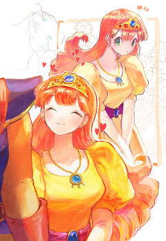 1980s_(style) 1boy 1girl armor blue_gemstone blunt_bangs blush breasts closed_eyes closed_mouth commentary_request couple curly_hair dragon_quest dragon_quest_i dress earrings elbow_gloves flower gem gloves green_eyes heart hero_(dq1) highres jewelry juliet_sleeves long_hair long_sleeves looking_at_another medium_breasts necklace oldschool orange_hair orange_shirt out_of_character princess princess_laura puffy_short_sleeves puffy_sleeves purple_sash red_gloves sash sequential shirt short_sleeves shoulder_armor smile sunflower tiara upper_body white_gloves yellow_dress yuza