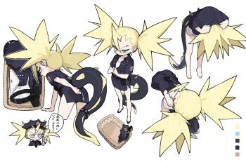 1girl absurdres arrow_(symbol) barefoot basket belt bent_over black_belt black_hat black_shirt black_shoes black_skirt blonde_hair blue_eyes chibi chibi_inset clothes_lift collar color_guide commentary_request crossed_legs ear_piercing eel_girl eel_tail eyebrow_piercing face_piercing feet from_above hat highres lifting_own_clothes multiple_views original panties pencil_skirt piercing police police_hat police_uniform policewoman shirt shirt_lift shoes short_sleeves simple_background skirt speech_bubble spiked_collar spiked_hair spikes standing tail tiptoes toes translation_request twintails underwear undressing unworn_clothes white_background white_panties zizi_niisan