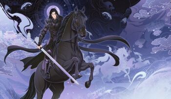 1boy aircraft airship armor army artist_name astrology black_cape black_eyes black_hair black_horse blue_background blue_eyes blue_sky bridle cape cavalry chinese_clothes chinese_text commentary cool_colored english_commentary extra_pupils full_armor full_body gu_yun halo high_collar highres holding holding_sword holding_weapon horizon horse horseback_riding huaepiphany long_hair long_sleeves looking_at_viewer male_focus monocle mountain night oni outdoors people purple_background purple_sky rearing reins riding sha_po_lang sky smirk solo sword weapon