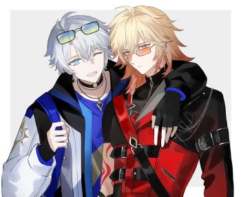 Rule 34 | 2boys, arm around neck, arm belt, arm tattoo, asymmetrical sleeves, belt, belt buckle, black-framed eyewear, black belt, black choker, black gloves, blonde hair, blue eyes, border, braid, buckle, choker, diamond-shaped pupils, diamond (shape), eyewear on head, fingerless gloves, gloves, grey hair, hashtag-only commentary, highres, honkai: star rail, honkai (series), jacket, long sleeves, male focus, medium hair, multiple boys, mydei (honkai: star rail), o-ring, o-ring choker, one eye covered, open clothes, open jacket, orange-tinted eyewear, outside border, phainon (honkai: star rail), rectangular eyewear, red hair, red tattoo, short hair, side braid, symbol-shaped pupils, tattoo, tinted eyewear, upper body, white border, yellow eyes, yigenzhen26389, zipper, zipper pull tab