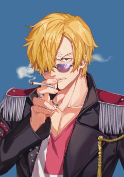 1boy absurdres black_jacket blonde_hair blue_background collarbone commentary curly_eyebrows epaulettes facial_hair goatee hair_over_one_eye highres jacket jennyandloiryan long_sleeves looking_at_viewer male_focus mustache_stubble one_piece open_clothes open_jacket pectoral_cleavage pectorals pink_shirt sanji_(one_piece) shirt simple_background smoke smoke_trail smoking solo stubble sunglasses tassel upper_body