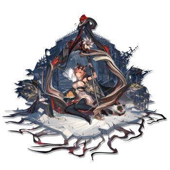 1girl animal_ear_fluff animal_ears arknights arm_at_side armpits black_jacket boots border breasts brown_hair cat commentary_request crown dress falling_petals flower fox_ears fox_girl fox_tail highres holding holding_staff jacket jacket_on_shoulders kumatangent medium_breasts official_art open_clothes open_jacket petals rose short_hair short_hair_with_long_locks sidelocks simple_background sitting solo sparkle staff tail thigh_boots vendela_(arknights) white_dress yokozuwari