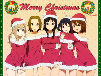 5girls :d ;o absurdres akiyama_mio alternate_costume arm_around_shoulder bare_shoulders beige_background bell black_eyes black_hair blue_eyes blunt_bangs blush bow breasts brown_eyes brown_hair bug butterfly candle christmas_ornaments christmas_tree christmas_wreath clenched_hands closed_mouth cowboy_shot dress english_text frown fur_trim hair_between_eyes hair_ornament hairband hairclip hand_on_another's_shoulder hat heart highres hirasawa_yui ho-kago_tea_time holding_own_arm holly insect k-on! kotobuki_tsumugi legs_apart legs_together light_brown_hair light_smile lineup long_hair long_sleeves looking_at_viewer medium_breasts multiple_girls mushroom nakano_azusa off_shoulder one_eye_closed open_mouth parted_bangs pillarboxed raised_eyebrows red_dress red_hat ribbon santa_costume santa_hat short_dress short_hair side-by-side sidelocks skirt skirt_tug small_breasts smile snowflakes square standing star_(symbol) surprised tainaka_ritsu tan thick_eyebrows thigh_gap twintails v wince wreath yukiyo_(otca202)