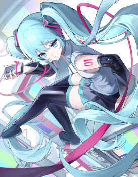 1girl absurdres aqua_eyes aqua_hair aqua_trim arm_tattoo black_shorts boots breasts cassette_player collared_shirt commentary_request detached_sleeves full_body grey_shirt hair_between_eyes hatsune_miku headset highres holding holding_cassette_player kiki_(user_cpxw2288) long_hair long_sleeves looking_at_viewer number_tattoo pink_ribbon ribbon shirt short_shorts shorts sitting sleeveless sleeveless_shirt sleeves_past_wrists small_breasts solo tattoo thigh_boots twintails very_long_hair vocaloid wide_sleeves