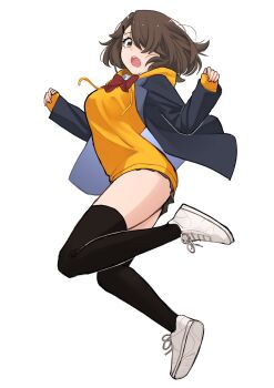 1girl :o absurdres asymmetrical_bangs black_jacket black_skirt black_thighhighs blazer bow bowtie brown_eyes brown_hair eyebrows_hidden_by_hair fav_faris full_body hair_over_one_eye hands_up highres hood hoodie jacket jumping long_bangs long_sleeves looking_at_viewer medium_hair microskirt one_eye_covered open_mouth original red_bow red_bowtie school_uniform shoes simple_background skirt sleeves_past_wrists sneakers solo thighhighs white_background white_shoes yellow_hoodie zettai_ryouiki