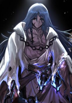 1boy absurdres azrael_(grand_assassin)_(fate) bags_under_eyes black_background black_eyes blue_fire blue_hair colored_skin dark-skinned_male dark_skin facial_scar fate/grand_order fate_(series) fire grey_skin hair_between_eyes hair_ornament highres iamainwork long_hair looking_at_viewer male_focus pectorals robe scar scar_on_cheek scar_on_chest scar_on_face scar_on_neck skull solo torn_clothes torn_robe upper_body white_robe