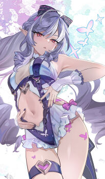 1girl animal_print armpits black_bow blush bow breasts butterfly_print clothing_cutout commentary_request cowboy_shot drill_hair frilled_one-piece_swimsuit frilled_wrist_cuffs frills from_below hair_between_eyes hair_bow highres long_hair looking_at_viewer meltykiss0316 mole mole_under_eye navel official_alternate_costume one-piece_swimsuit open_mouth pink_bow pointy_ears purple_hair purple_nails red_eyes see-through_clothes sideboob_cutout solo stomach stomach_cutout swimsuit thigh_strap three-toned_background two-tone_one-piece_swimsuit vivian_banshee vivian_banshee_(iris_of_the_shore) wrist_cuffs zenless_zone_zero