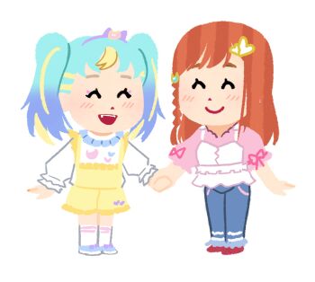 Rule 34 | 2girls, :d, blonde hair, blue hair, blue pants, braid, chibi, closed eyes, commentary, facing another, frilled shirt, frills, full body, happy, hibino matsuri, highres, holding hands, light blush, long hair, long sleeves, mifune takashi (style), multicolored hair, multiple girls, myamu, open mouth, orange hair, pants, pink shirt, pretty series, print shirt, roly, romaji commentary, shirt, shirt under shirt, short bangs, shorts, sleeveless, sleeveless shirt, smile, socks, standing, straight hair, streaked hair, teeth, twintails, two-tone hair, upper teeth only, waccha primagi!, white shirt, white socks, yellow shorts