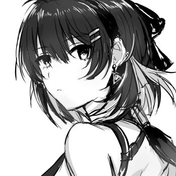 1girl bare_shoulders breasts closed_mouth earrings female_rover_(wuthering_waves) greyscale hair_ornament hair_ribbon hairclip highres izumi_(emerald15517) jewelry long_hair looking_at_viewer looking_back low_ponytail medium_breasts monochrome parallel_hairclips ponytail portrait ribbon rover_(wuthering_waves) solo triangle_earrings wuthering_waves
