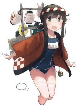 Rule 34 | 1girl, :d, absurdres, adapted costume, aircraft, airplane, black hair, black one-piece swimsuit, blush, brown eyes, checkered happi, commentary request, covered navel, cowboy shot, cropped legs, enemy lifebuoy (kancolle), fox mask, fubuki (festival) (kancolle), fubuki (kancolle), fubuki kai ni (kancolle), hachimaki, happi, headband, highres, japanese clothes, kantai collection, kouhaku nawa, lantern, low ponytail, ma rukan, mask, name tag, nejiri hachimaki, old school swimsuit, one-piece swimsuit, open mouth, paper lantern, ponytail, red shirt, rigging, rope, school swimsuit, shimenawa, shirt, short ponytail, simple background, smile, smokestack, solo, swimsuit, swimsuit under clothes, toy, white background