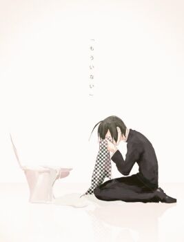 1boy ahoge black_hair black_jacket black_pants black_scarf black_shoes checkered_clothes checkered_scarf collared_jacket commentary_request covering_own_face danganronpa_(series) danganronpa_v3:_killing_harmony dress_shoes full_body gakuran high_collar holding holding_unworn_clothes holding_unworn_scarf jacket kneeling layered_sleeves long_sleeves male_focus oshio39 pants pinstripe_jacket pinstripe_pattern reflective_floor saihara_shuichi scarf school_uniform shoes short_hair solo suggestive_fluid toilet translation_request two-tone_scarf undershirt unmoving_pattern unworn_scarf white_background white_scarf