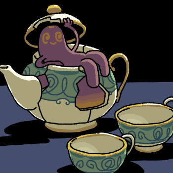 @_@ crack cup gen_8_pokemon lounging nintendo no_humans pokemon pokemon_(creature) pokemon_focus polteageist saboteri_(savot) smile spiral-only_eyes teacup teapot