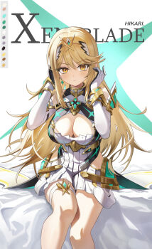 1girl blonde_hair breasts cleavage large_breasts mogurine mythra_(xenoblade) xenoblade_chronicles_(series) xenoblade_chronicles_2 yellow_eyes