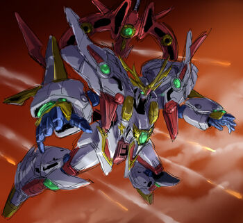 falling fusion ginsoukikou_ordian glowing glowing_eye green_eyes gundam gundam_hathaway&#039;s_flash mayata mecha no_humans open_hands ordian parody robot science_fiction sketch solo v-fin xi_gundam