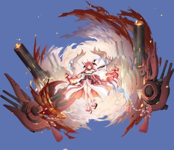 1girl absurdres ahoge artist_request azur_lane bare_shoulders black_sandals black_sash breasts date_a_live detached_collar fire full_body highres holding holding_weapon horn_ornament horn_ribbon horns itsuka_kotori itsuka_kotori_(spirit) japanese_clothes kimono long_hair long_sleeves looking_at_viewer non-web_source off_shoulder official_art okobo open_mouth platform_sandals red_eyes red_hair ribbon rigging sandals sash small_breasts smile socks solo very_long_hair weapon white_horns white_socks wide_sleeves