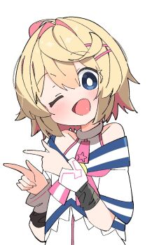 1boy ;d bare_shoulders blonde_hair blue_eyes blue_trim bob_cut bright_pupils collared_halterneck colored_inner_hair commission cowlick double-parted_bangs double_finger_gun finger_gun hair_intakes hair_ornament hairpin halterneck hands_up highres indie_virtual_youtuber layered_clothes light_blush looking_at_viewer male_focus multicolored_hair no_nose off-shoulder_shirt off_shoulder one_eye_closed open_mouth pink_hair pink_trim pointing pointing_to_the_side second-party_source shirt short_sleeves simple_background skeb_commission smile solo tachi-e trap turtleneck turtleneck_shirt upper_body uruti_2388 white_background white_pupils white_shirt white_wrist_cuffs wrist_cuffs