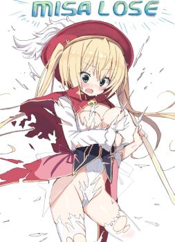 Rule 34 | 1girl, arm under breasts, blonde hair, blush, breasts, cape, choppy bangs, commentary request, cowboy shot, exploding clothes, green eyes, groin, hat, leotard, long hair, long sleeves, looking down, medium breasts, nose blush, open mouth, original, red cape, red hat, simple background, sketch, solo, takepoison, thighhighs, torn clothes, torn leotard, torn thighhighs, twintails, white background, white leotard, white thighhighs