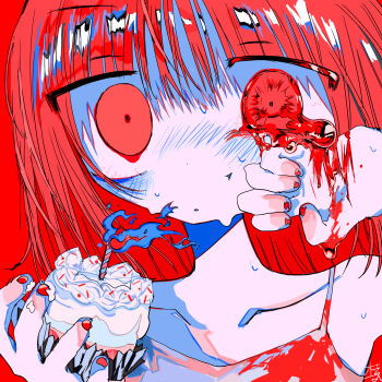 1girl absurdres blood blood_on_hands cake candle commentary_request edanoma_meu food highres holding holding_cake holding_food original red_eyes red_hair solo tears textless_version wiping_tears