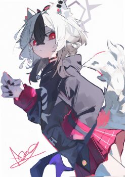 1girl absurdres alternate_costume alternate_hairstyle animal_ear_fluff animal_ears black_choker black_hair black_hoodie black_nails blue_archive choker closed_mouth commentary crossed_bangs demon_girl demon_horns demon_wings grey_halo halo hand_in_pocket highres hood hoodie horns kayoko_(blue_archive) multicolored_hair pleated_skirt red_eyes red_skirt short_hair single_wing skirt solo tail two-tone_hair white_hair wings wolf_cut wolf_ears wolf_girl wolf_tail wrdij5w0rg31830