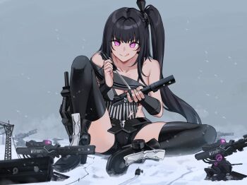 1girl absurdres architect_(girls'_frontline) artist_request bare_shoulders black_boots black_hair black_thighhighs boots breasts cleavage giant giantess girls'_frontline highres holding machine medium_breasts pink_eyes short_shorts shorts side_ponytail sitting snow solo thighhighs tongue tongue_out wariza weapon winter