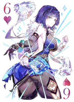 1girl absurdres black_gloves blue_hair bracelet breasts card cocoballking commentary cowboy_shot dice from_behind genshin_impact gloves green_eyes heart highres jewelry looking_at_viewer looking_back playing_card six_of_hearts white_background white_gloves yelan_(genshin_impact)