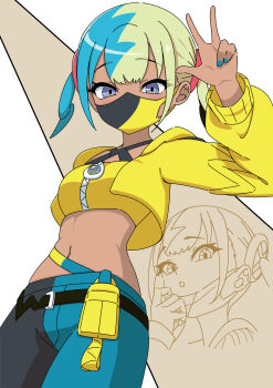 1girl absurdres bakenokawa bandeau belt black_belt blue_eyes blue_nails canari_(pokemon) commentary_request cropped_jacket eyelashes hand_up highres hood hooded_jacket jacket long_sleeves looking_at_viewer looking_down mask mouth_mask multicolored_hair multiple_views nail_polish navel nintendo open_clothes open_jacket pants pokemon pokemon_legends:_z-a v w yellow_bandeau yellow_jacket zipper zipper_pull_tab
