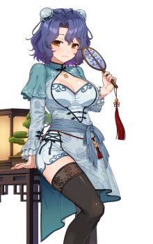 Rule 34 | 1girl, antenna hair, arm support, black thighhighs, blue hair, bonsai, breasts, bun cover, chinese clothes, cleavage, cleavage cutout, clothing cutout, commentary request, double bun, dress, feet out of frame, frilled sleeves, frills, grey dress, hair bun, hand fan, holding, holding fan, idolmaster, idolmaster million live!, kamille (vcx68), large breasts, light smile, long sleeves, looking at viewer, short hair, solo, thighhighs, toyokawa fuka