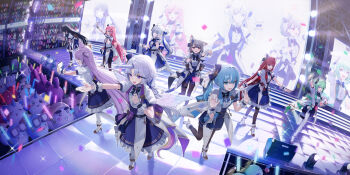 >_< 6+girls absurdres ahoge akane_lize animal_ear_fluff animal_ears aokumo_rin arahashi_tabi arnyang_(ayatsuno_yuni) ayatsuno_yuni back_bow black_bow black_hair blonde_hair blue_bow blue_bowtie blue_corset blue_eyes blue_gem blue_hair blue_skirt bow bowtie cat_ears cat_girl center_frills chico_(yuzuha_riko) closed_mouth cone_hair_bun confetti corset creature double_bun everyone extra_ears feathered_wings fox_ears fox_girl frills gem glowstick gradient_eyes green_bow green_bowtie green_eyes green_hair grey_eyes grey_hair haedungi_(shirayuki_hina) hair_bow hair_bun hair_ornament hair_rings hairclip hanako_nana highres holding holding_glowstick idol idol_clothes inari_(tenko_shibuki) indoors kagemoe1003 kurimi_(aokumo_rin) long_hair maro_(neneko_mashiro) mole mole_under_eye multicolored_eyes multicolored_hair multiple_girls neneko_mashiro o_o open_mouth peto_(hanako_nana) pienna_(akane_lize) pink_hair pungdangi_(arahashi_tabi) purple_bow purple_bowtie purple_eyes purple_gem purple_hair red_eyes red_gem red_hair screen screen_zoom shirayuki_hina shirt short_hair short_sleeves side_ponytail skirt speaker stage stellive streaked_hair tenko_shibuki twintails unicorn_girl unicorn_horn virtual_youtuber waving white_bow white_bowtie white_hair white_shirt white_wrist_cuffs wings wrist_cuffs x_hair_ornament yellow_eyes yuzuha_riko