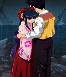 Rule 34 | 1boy, 1girl, ass, blue hair, blush, bow, closed eyes, game cg, hair ribbon, hand on another&#039;s head, height difference, highres, hug, japanese clothes, legs, long hair, long skirt, oogami ichirou, open mouth, pants, pointy hair, ponytail, purple hair, red bow, ribbon, sakura taisen, sega, shinguuji sakura, skirt, smile, stitched, thighs, third-party edit
