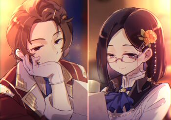 1boy 1girl ascot atelier_(series) atelier_escha_&amp;_logy black_eyes black_hair blue_ascot blue_necktie blurry blurry_background brown_eyes brown_hair closed_mouth commentary_request flower glasses gloves hair_flower hair_ornament half-closed_eyes hand_on_own_cheek hand_on_own_face highres holding holding_paper jacket karasumi_(aiseec) long_sleeves looking_down marion_quinn necktie orange_flower paper red_jacket shirt short_hair smile solle_grumman split_screen upper_body white_gloves white_shirt