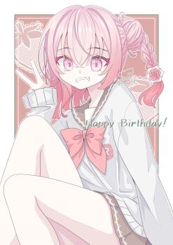 1girl :d bow braid brown_sailor_collar brown_skirt cevio commentary_request fang feet_out_of_frame gradient_hair grey_sweater grin hair_bun happy_birthday highres looking_at_viewer multicolored_hair open_mouth pink_bow pink_eyes pink_hair pleated_skirt rosa_(cevio) sailor_collar side_braid single_side_bun skirt smile solo sumikaze sweater teeth v