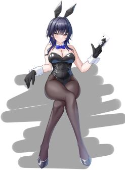 Rule 34 | 1girl, ace (playing card), ace of spades, animal ear hairband, animal ears, black gloves, black hair, black leotard, black pantyhose, black shoes, blue bow, blue bowtie, bow, bowtie, breasts, card, cleavage, commentary request, detached collar, fake animal ears, full body, gloves, hairband, highres, hisame shiki, holding, holding card, ichinose uruha, large breasts, leotard, medium breasts, pantyhose, playboy bunny, playing card, rabbit ears, shoes, solo, spade (shape), strapless, strapless leotard, virtual youtuber, vspo!, wrist cuffs, yellow eyes
