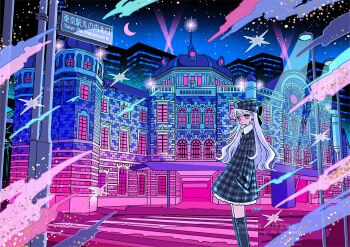 1girl beret black_coat black_hat blush bright_pupils building closed_mouth coat commentary crescent_moon crosswalk gradient_sky grey_eyes hands_in_pockets hat highres lamppost light_rays long_hair looking_at_viewer moon nakazawa_ayami night night_sky original plaid_clothes plaid_coat purple_hair sky smile solo star_(sky) white_pupils