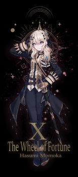 1girl absurdres black_background black_gloves black_jacket black_pantyhose black_shoes blush chinese_commentary commentary_request cosplay full_body girls_band_cry gloves grey_eyes grey_hair hair_between_eyes hasumi_leia hasumi_leia_(cosplay) highres jacket kawaragi_momoka long_hair long_sleeves looking_at_viewer mahou_shoujo_no_majo_saiban open_mouth pantyhose shoes solo sword weapon yun_cao_bing