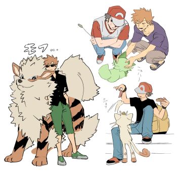 Rule 34 | 2boys, arcanine, backpack, bag, black shirt, blue oak, buttons, capri pants, cattail, commentary request, gen 1 pokemon, green footwear, green pants, hat, highres, holding, male focus, meowth, miyage no nukegara, multiple boys, nintendo, pants, plant, pokemon, pokemon (creature), pokemon sm, purple shirt, red (pokemon), sandals, shirt, shoes, short hair, short sleeves, sitting, sneakers, sprigatito, squatting, standing, t-shirt, yellow bag