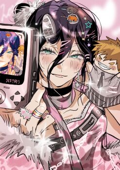 alternate_costume black_choker blush bomb_devil_(chainsaw_man) breasts busuttt camera chainsaw_man choker denji_(chainsaw_man) dress green_eyes hair_between_eyes hair_bun hair_ornament hairclip hand_puppet highres holding holding_camera jewelry medium_breasts multiple_rings parted_lips pink_dress pochita_(chainsaw_man) puppet purple_hair reze_(chainsaw_man) ring selfie sharp_teeth smile taking_picture teeth too_many_hair_ornaments updo upper_body