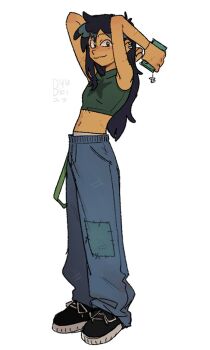 1girl 2000s_(style) amphibia black_hair black_shoes byubiyubi cellphone cellphone_charm charm_(object) crop_top denim earrings jeans jewelry long_hair looking_at_viewer marcy_wu midriff navel panties pants patchwork_clothes phone scar shoes simple_background smartphone solo star_(symbol) underwear