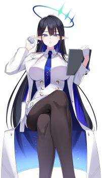 1girl absurdres black_hair black_pantyhose blue_archive blue_eyes blue_halo blue_necktie blush breasts coat colored_inner_hair crossed_legs dress elf feet_out_of_frame glasses gloves halo highres holding holding_tablet_pc kurosaki_saya large_breasts long_hair long_sleeves looking_at_viewer mole mole_under_eye multicolored_hair necktie open_clothes open_coat pantyhose pointy_ears rin_(blue_archive) round_eyewear simple_background slit_pupils solo tablet_pc very_long_hair white_background white_coat white_dress white_gloves