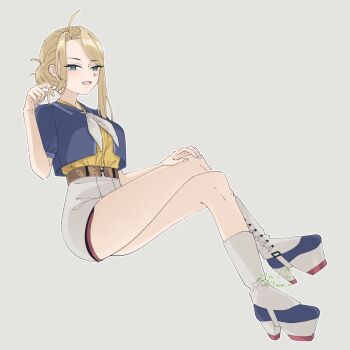 1girl ahoge asymmetrical_hair belt blonde_hair blue_shirt breasts brown_belt commentary_request green_eyes grey_background grey_neckerchief grey_skirt hair_bun highres kantai_collection large_breasts long_hair neckerchief shirt short_sleeves sitting skirt solo wasp_(kancolle) yama_(yam0a)