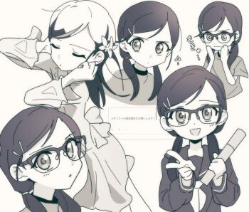 ahiru_miku blush closed_mouth curious dress glasses greyscale hair_ornament happy highres long_hair medalist_(manga) monochrome multiple_persona non-web_source nzeneee open_mouth ribbon school_uniform serious smile twintails v