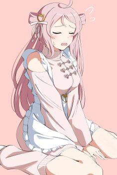 Rule 34 | 1girl, absurdres, ahoge, apron, bare shoulders, breasts, clothing cutout, dress, embarrassed, flying sweatdrops, frilled apron, frills, hair ornament, hair ribbon, hair rings, heart, heart hair ornament, highres, jersey maid, large breasts, leg warmers, long hair, love live!, love live! nijigasaki high school idol club, maid, open mouth, parted bangs, pink background, pink dress, pink hair, pink leg warmers, ribbon, short dress, shoulder cutout, simple background, sitting, solo, tassel, tassel hair ornament, two side up, uchuu no mozuku, unconventional maid, underbust, very long hair, waist apron, wariza, white apron, white ribbon, zhong lanzhu