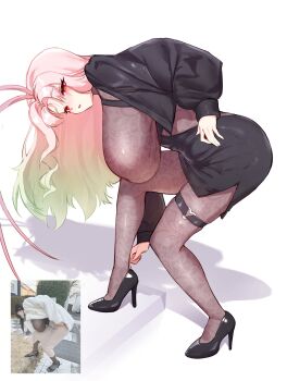 1girl antennae arthropod_girl bent_over black_dress black_jacket black_shoes bodysuit breasts cgator cockroach_girl commentary dress gradient_hair green_hair high_heels highres huge_breasts indie_virtual_youtuber jacket lace_bodysuit large_breasts long_hair looking_at_viewer matara_kan matara_kan_(god_empress) monster_girl multicolored_hair photo-referenced pink_hair red_eyes sagging_breasts shoes solo thigh_strap virtual_youtuber white_background