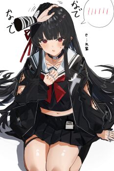 2girls arm_cutout black_choker black_hair black_jacket black_shirt black_skirt black_socks chisa_(wuthering_waves) choker clothing_cutout collarbone commentary_request crop_top disembodied_hand female_rover_(wuthering_waves) hair_ribbon hand_up headpat highres id_card jacket long_hair long_sleeves looking_at_viewer midriff mole mole_under_eye multiple_girls navel neckerchief open_mouth red_eyes red_neckerchief red_ribbon ribbon rover_(wuthering_waves) sailor_collar seiza shirt sitting skirt socks spoken_blush tacet_mark_(wuthering_waves) the_olphy white_sailor_collar wuthering_waves