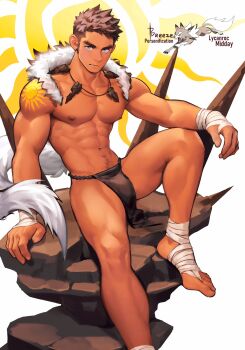 1boy abs absurdres bandaged_arm bandaged_foot bandages bara blue_eyes breezem18 brown_hair commentary english_commentary gen_7_pokemon highres jewelry large_pectorals loincloth lycanroc lycanroc_(midday) male_focus navel necklace nintendo nipples paid_reward_available pectorals personification pokemon reference_inset short_hair shoulder_tattoo solo tattoo toned toned_male topless_male