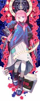 1girl absurdres analog_clock arm_behind_back blue_boots blue_eyes blue_flower blue_jacket boots chinese_commentary clock closed_mouth commentary_request crt dice dress floral_background flower full_body hair_tubes hand_up highres hood hood_down hooded_jacket incredibly_absurdres jacket kaf_(kamitsubaki_studio) kamitsubaki_studio long_hair long_sleeves ok_sign ok_sign_over_eye pantyhose pink_flower pink_hair puffy_long_sleeves puffy_sleeves smile snafu_shatan_sizhe solo twintails virtual_youtuber white_dress white_pantyhose yellow_pupils