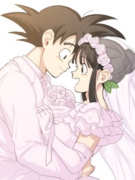 bouquet chi-chi_(dragon_ball) dragon_ball dress flower highres hugging_each_other husband_and_wife marriage son_goku tagme wedding wedding_dress
