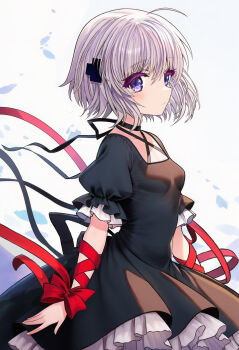 1girl ahoge arm_ribbon arms_at_sides blush bow breasts closed_mouth colored_eyelashes commentary cowboy_shot criss-cross_halter cross_hair_ornament dress expressionless eyelashes eyes_visible_through_hair floating_hair frilled_dress frilled_sleeves frills from_side gensou_roukaku grey_hair hair_between_eyes hair_ornament halterneck highres kagari_(rewrite) long_ribbon looking_at_viewer medium_hair petticoat puffy_short_sleeves puffy_sleeves purple_eyes red_bow red_ribbon rewrite ribbon short_sleeves simple_background small_breasts solo sparkling_eyes symbol-only_commentary white_background wrist_bow