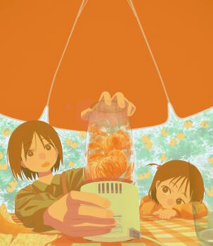 1girl 1other absurdres blender_(object) commentary day eating food food_in_mouth fruit fruit_tree glass green_shirt highres holding ice ice_cube jacket jiankun_yu mandarin_orange orange_jacket orange_peel orange_theme original outdoors parasol shirt short_hair tree umbrella